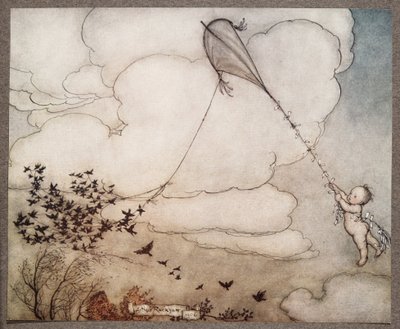 A Hundred Flew Off with the String, and Peter Clung to the Tail, from Peter Pan in Kensington Gardens by J. M. Barrie, pub. 1906 by Arthur Rackham